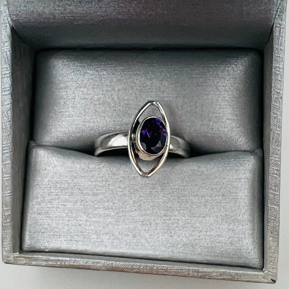 Artisan Silver Tone Amethyst Ring Size 10 Purple Faceted Stone Statement